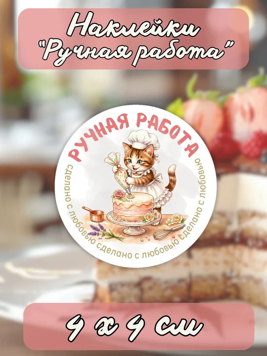 Наклейки «Ручная работа» (кошечка-кондитер)