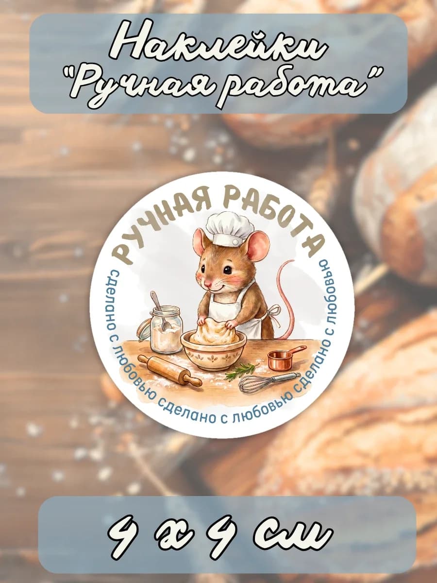 Наклейки «Ручная работа» (мышка‑пекарь)